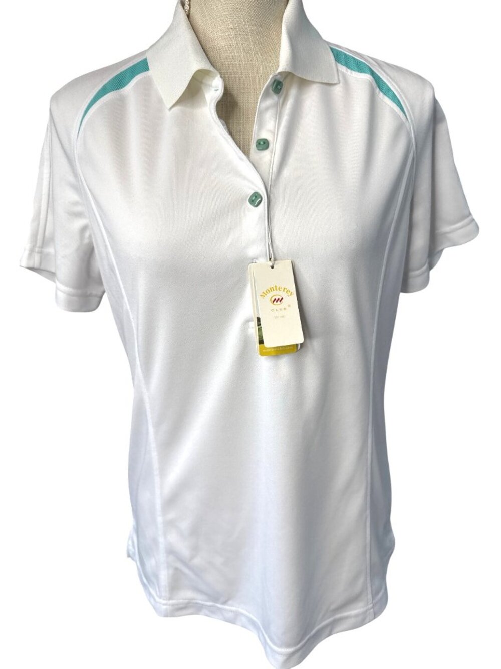 NWT Monterey Club Ladies White & Aqua Golf Polo Shirt L